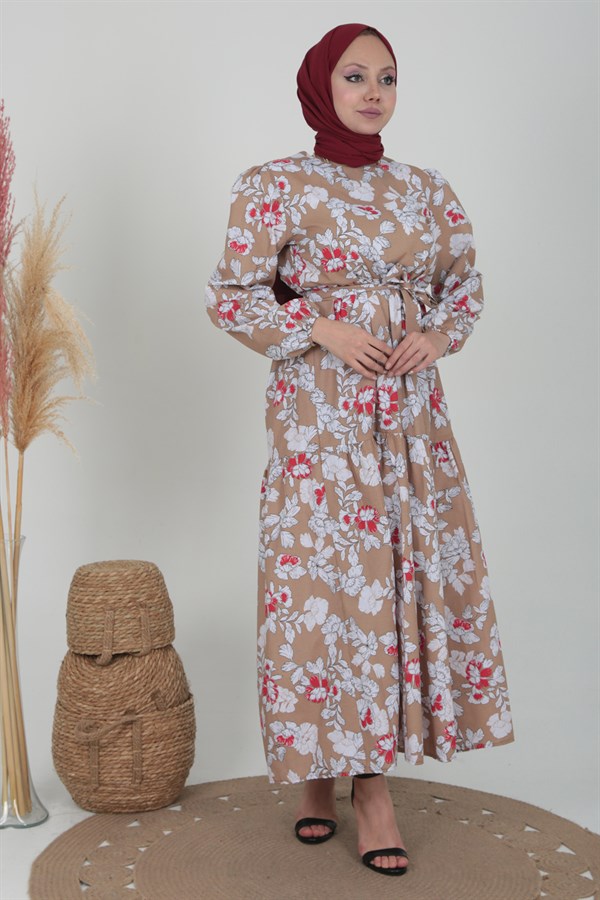 Kadın Bisküvi Çiçek Desenli Kuşaklı Elbise