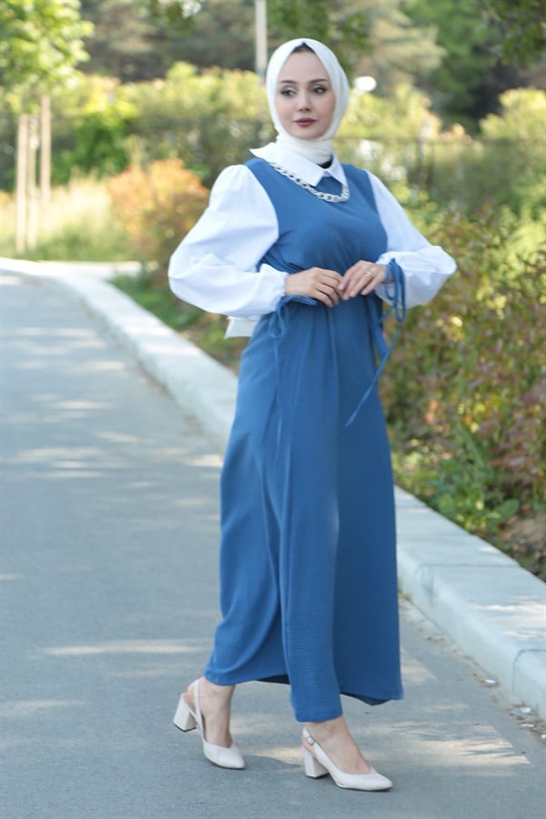 Kadın İndigo Kolyeli Kuşaklı Elbise
