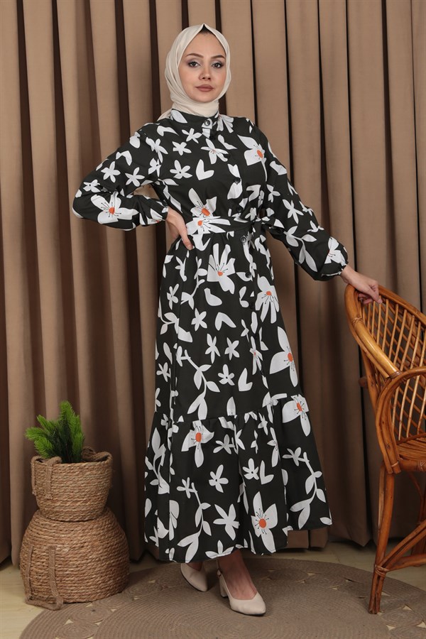 Kadın Siyah Çicek Desenli Düğmeli Kuşaklı Elbise