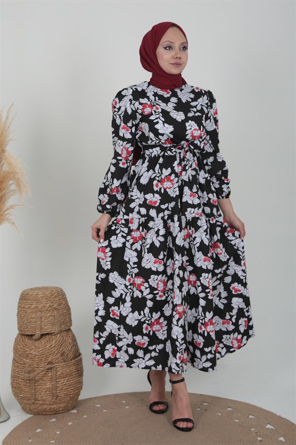 Kadın Siyah Çiçek Desenli Kuşaklı Elbise