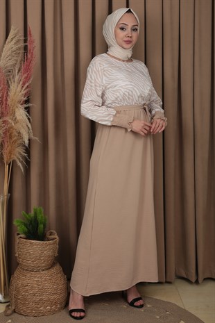 Kadın Bej Üstü Desenli Kuşaklı Elbise