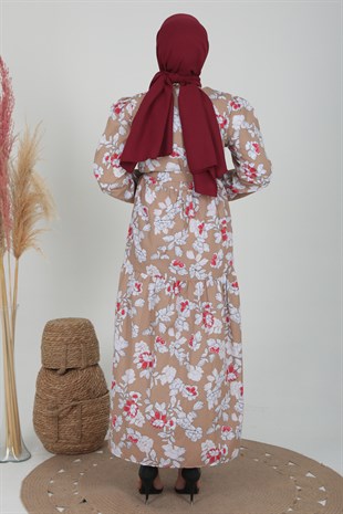 Kadın Bisküvi Çiçek Desenli Kuşaklı Elbise