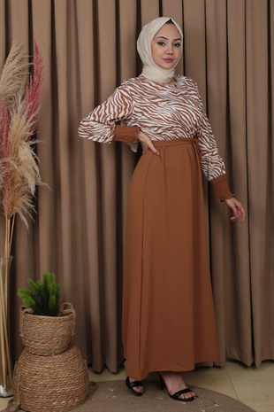 Kadın Bisküvi Üstü Desenli Kuşaklı Elbise