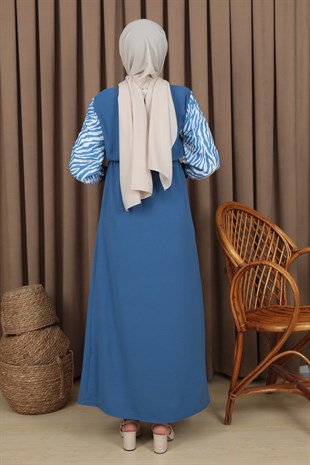 Kadın İndigo Kolu Desenli Kuşaklı Elbise