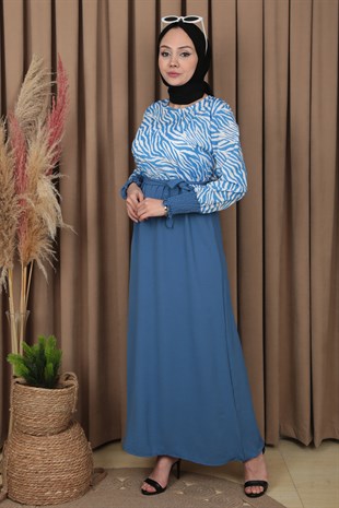 Kadın İndigo Üstü Desenli Kuşaklı Elbise