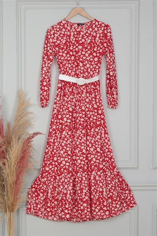 Kadın Kırmızı Çiçek Desenli Kemerli Elbise