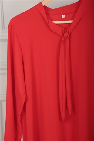 Kadın Kırmızı Yaka Kravatlı Krep Tunik