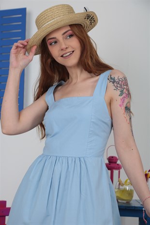 Kadın Mavi Büzgülü Askılı Terikoton Elbise