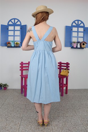 Kadın Mavi Büzgülü Askılı Terikoton Elbise