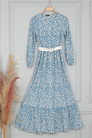 Kadın Mavi Çiçek Desenli Kemerli Elbise