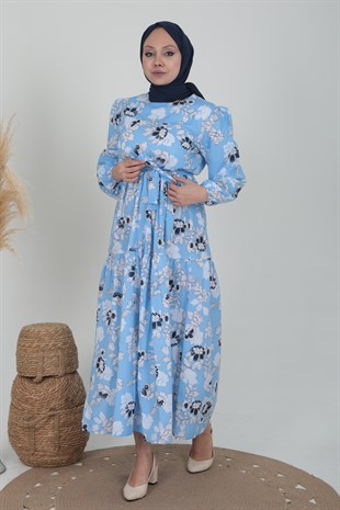 Kadın Mavi Çiçek Desenli Kuşaklı Elbise