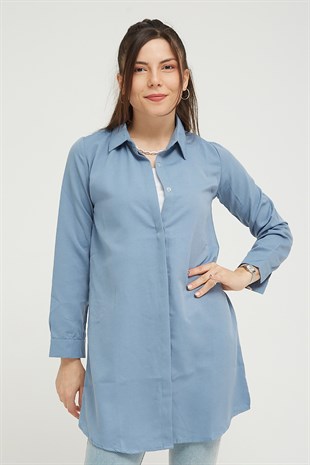 Kadın Mavi Gizli Düğmeli Gömlek Tunik
