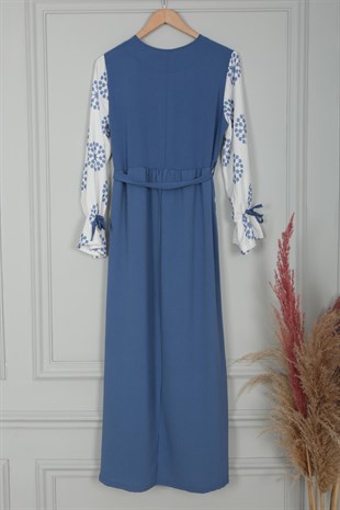 Kadın Mavi Kolları Desenli Elbise