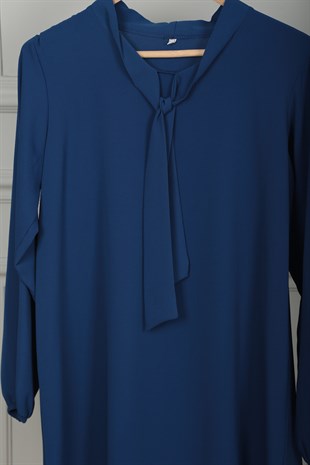 Kadın Mavi Yaka Kravatlı Krep Tunik