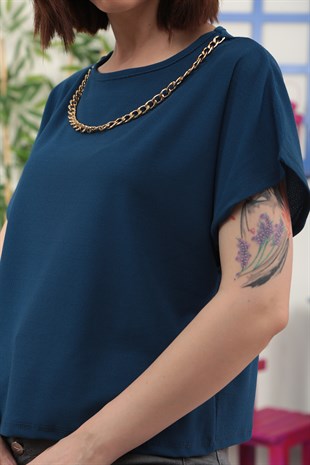 Kadın Saks Mavisi Kolyeli Krep Tshirt