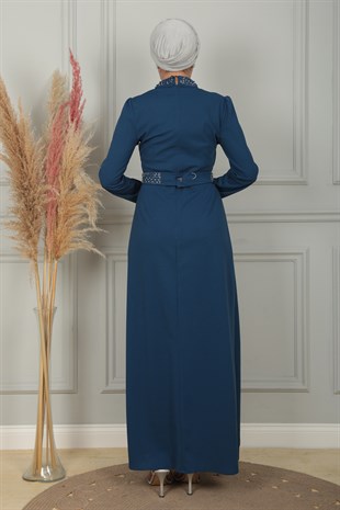 Kadın Saks Mavisi Kruvaze Yaka İnci Detaylı Elbise
