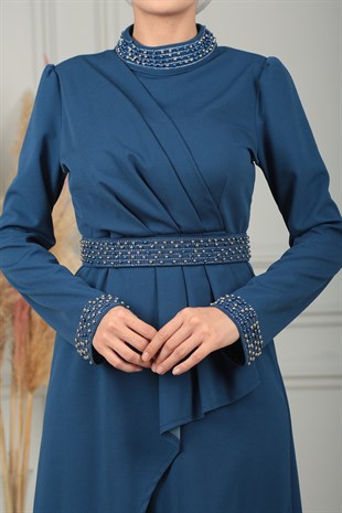 Kadın Saks Mavisi Kruvaze Yaka İnci Detaylı Elbise