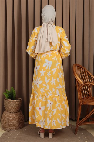 Kadın Sarı Çicek Desenli Düğmeli Kuşaklı Elbise