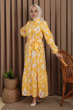Kadın Sarı Çicek Desenli Düğmeli Kuşaklı Elbise