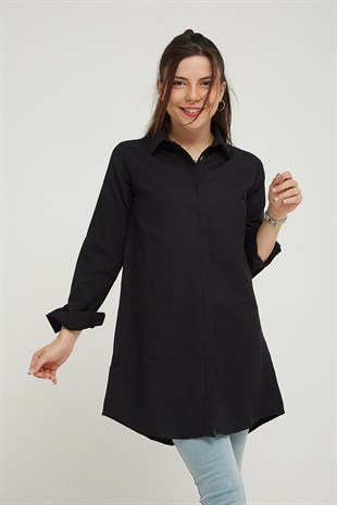 Kadın Siyah Gizli Düğmeli Gömlek Tunik
