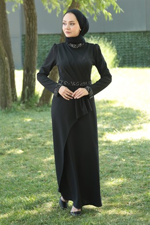 Kadın Siyah Kruvaze Yaka İnci Detaylı Elbise