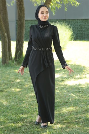 Kadın Siyah Kruvaze Yaka İnci Detaylı Elbise