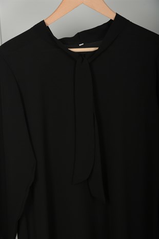 Kadın Siyah Yaka Kravatlı Krep Tunik