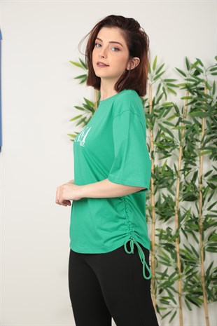 Kadın Yeşil Baskılı Büzgülü Tshirt