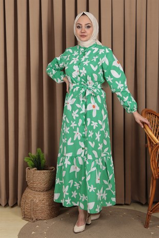 Kadın Yeşil Çicek Desenli Düğmeli Kuşaklı Elbise