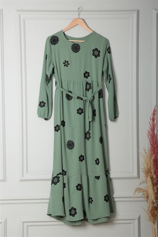 Kadın Yeşil Çiçek Desenli Kuşaklı Ayrobin Elbise