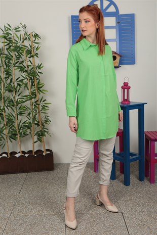Kadın Yeşil Gizli Düğmeli Gömlek Tunik